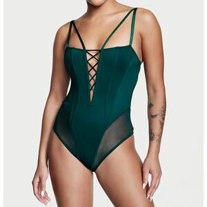 Victoria's Secret Green Crisscross Corset Mesh Lingerie Teddy Bodysuit Size M